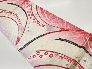 曲線に花唐草・抽象孔雀羽根模様織出し袋帯